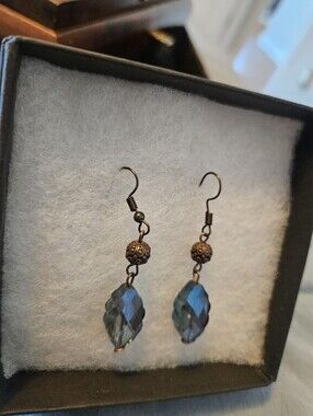 Hand Made Blue Crystal Drop Earrings with Antique Accents - Women Jewelry